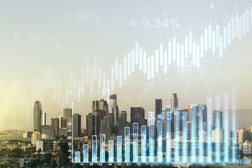 Multi exposure of virtual abstract financial diagram on Los Angeles office buildings background, banking and accounting concept
