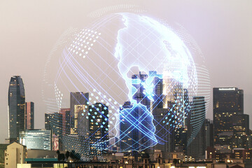 Digital map of North America hologram on Los Angeles cityscape background, global technology...