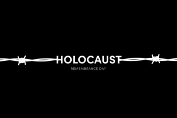 Holocaust Remembrance Day illustration. Jewish star, barbed wire on black background. Remember International Holocaust Day Poster, January 27. Important day