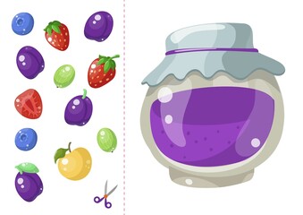 Worksheet for kids. Cut and Paste. Match color violet. Cartoon jam and food