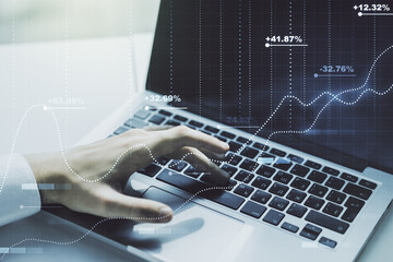 Multi exposure of stats data illustration with hands typing on computer keyboard on background, computing and analytics concept