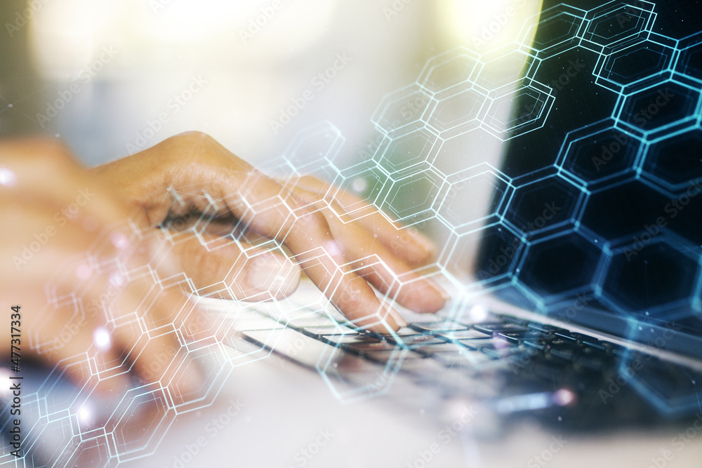 Poster creative abstract wireless technology hologram with hexagon and hands typing on computer keyboard on
