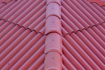 Red tiles background details, Old orange roof brick under the sun, Shingles texture, Abstract...