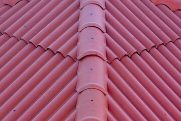 Red tiles background details, Old orange roof brick under the sun, Shingles texture, Abstract geometric pattern, Roof top material.