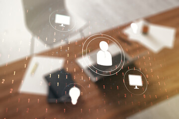 Double exposure of social network icons concept and modern desk with computer on background. Networking concept