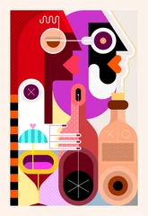 Tuinposter Mensen Bij Een Cocktailparty. Twee mensen met cocktail en twee flessen alcoholische drank. Mooie vrouwen dragen flessen cognac en wijn naar een cocktailparty. Moderne kunst grafische illustratie. ©  danjazzia