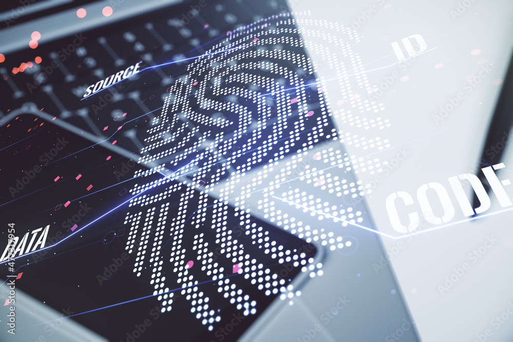 Aufkleber Abstract creative fingerprint illustration on modern computer background, personal biometric data concept. Multiexposure