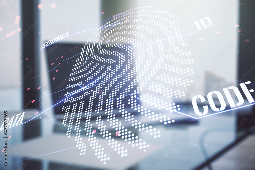 Poster abstract creative fingerprint illustration on modern computer background, personal biometric data co