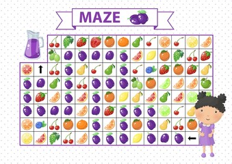 Maze game for children. Find the correct path by plum. Cartoon girl and juice in jar.