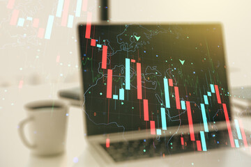 Creative abstract global crisis chart with world map sketch on modern laptop background, falling markets and collapse of global economy concept. Multiexposure