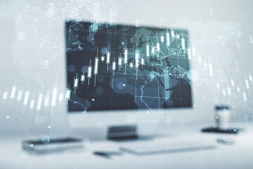 Multi exposure of abstract creative financial chart with world map on laptop background, research and analytics concept