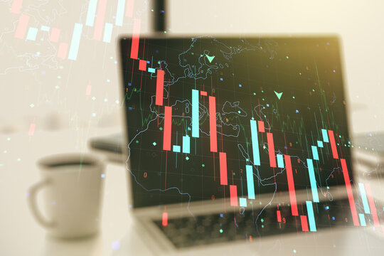 Creative abstract global crisis chart with world map sketch on modern laptop background, falling markets and collapse of global economy concept. Multiexposure