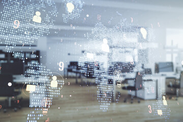 Double exposure of social network icons interface and world map on a modern furnished office interior background. Networking concept
