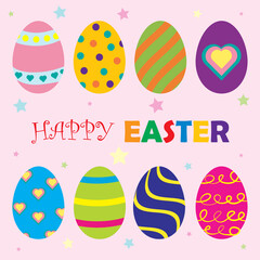 Happy Easter. Big collection of eggs with different textures, patterns and festive decorations on a pink background. Spring holiday. Vector flat illustration