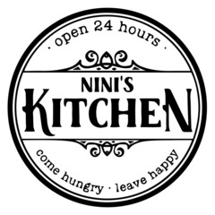 Fototapeta na wymiar open 24 hours nini's kitchen come hungry leave happy background inspirational quotes typography lettering design