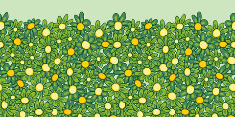 Vector green tightly arranged fun daisy flowers horizontal border pattern with yellow polkodot center. Suitable for posters and invitation cards.