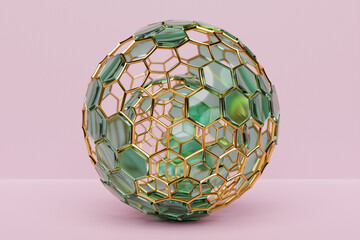 3D rendering.  Transparent green ball. Close-up geometric figure of a ball  on pink background