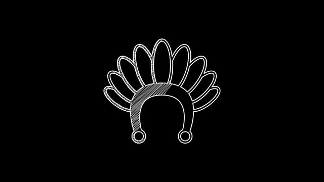 White line Indian headdress with feathers icon isolated on black background. Native american traditional headdress. 4K Video motion graphic animation