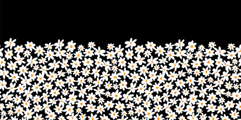 Vector black and white scattered fun daisy flowers horizontal border pattern with orange center. Suitable for posters and greeting cards.