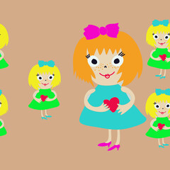 Horizontal stylized girls with heart. Hand drawn.