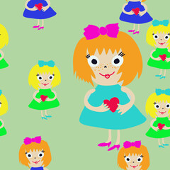 Seamless stylized girls with heart. Hand drawn.