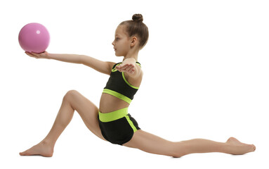 Fototapeta na wymiar Cute little girl with ball doing gymnastic exercise on white background