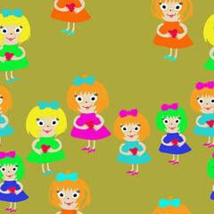 Seamless stylized girls with heart. Hand drawn.