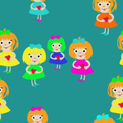 Seamless stylized girls with heart. Hand drawn.