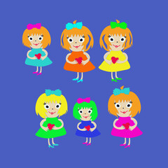Stylized girls with heart. Hand drawn.