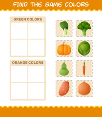 Find the same colors of vegetables. Searching and Matching game. Educational game for pre shool years kids and toddlers