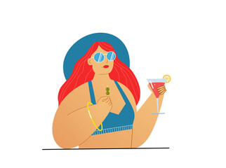 Beautiful red haired girl in swimming suit and glasses holding a glass of martini and olives. Beach relaxation concept. Holiday by the sea. Flat vector illustration.