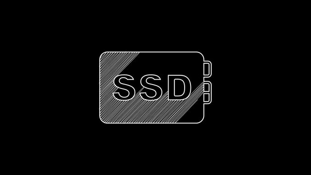 White line SSD card icon isolated on black background. Solid state drive sign. Storage disk symbol. 4K Video motion graphic animation