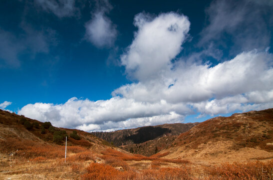 Panoramic view of mountains, Sikkim. White clouds and blue sky over Himalayan mountains at India China border, Indian side.