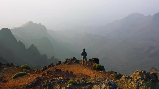 Aerial view of a hazy sunrise at Steens Mountain in Oregon, U.S.