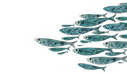 Siluetas de sardinas en el mar. Banco de peces pintado en acuarela. Fondo blanco.  Estilo japonés, ornamental - obrazy, fototapety, plakaty