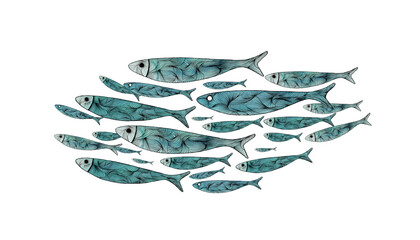  Siluetas de sardinas en el mar. Banco de peces pintados en acuarela. Fondo blanco. Estilo japonés, ornamental.