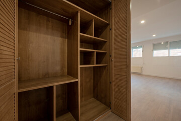 dark wood cabinet with partitions and shirt rail