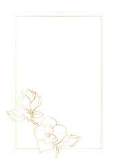 Template for invitations, marriage, postcards. Border frame with a bouquet of flowering magnolia branch. Gold gradient on a white background. Place for your text.