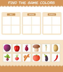 Find the same colors of vegetables. Searching and Matching game. Educational game for pre shool years kids and toddlers