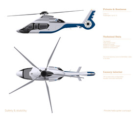 Business helicopter drawing. Top, side view of luxury copter. Isolated 3d blueprint. Private aviation. Modern vip vehicle © shaineast