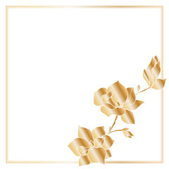 Template for festive design of invitation, announcement, poster greeting card. Square frame with golden branch of blooming magnolia. Gold gradient on a white background. Place for your text.
