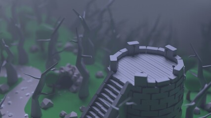 dark forest night tower cave low poly 3d render