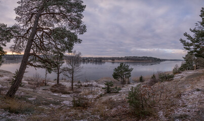 Panorama view over the lake Mälaren from a cliff a sunny frosty winter day in Stockholm