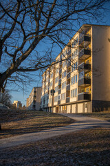 Row of apartment houses in the district Hässelby sunny frosty winter day in Stockholm