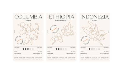 Vector set illustration design labels for coffee packages. Minimalistic and modern design with coffee beans branch.