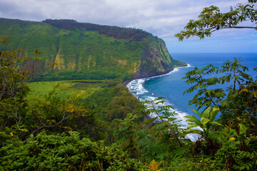 Fototapeta na wymiar Beautiful, scenic view of lush, tropical Waipio Valley on the Big Island, Hawaii 
