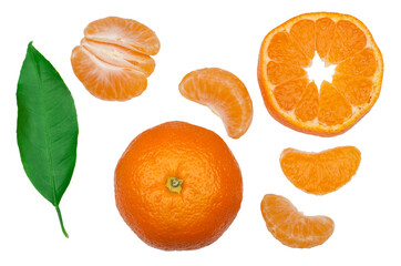 Tangerine and slices isolated on a white background, top-down