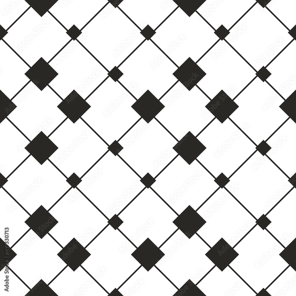 Poster large and small black rhombuses are connected by diagonal lines. vector seamless and black-white.