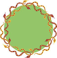 Decorative round border of creeping cartoon yellow and red snakes