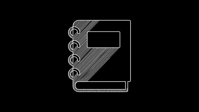 White line Notebook icon isolated on black background. Spiral notepad icon. School notebook. Writing pad. Diary for school. 4K Video motion graphic animation